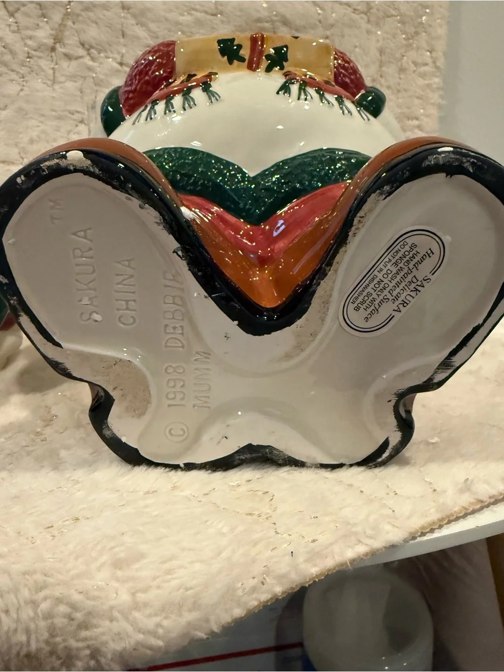 Holiday Snowman Ceramic Figurine with Green Scarf and Red Mittens
